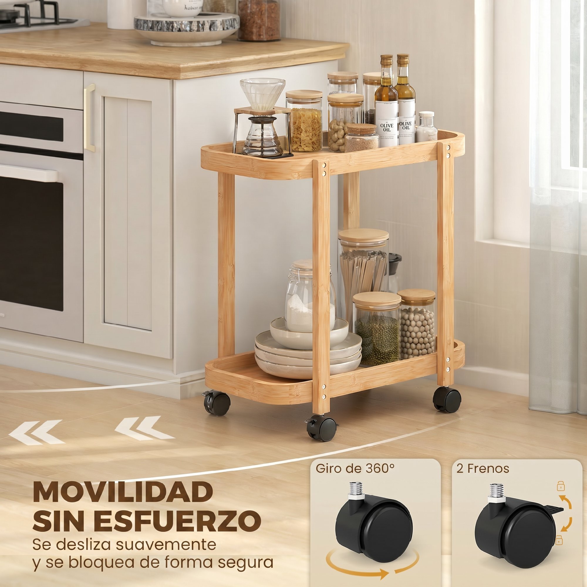Carrito de Cocina de Bambú de 2 Niveles, Carrito Auxiliar de Cocina con Ruedas, 2 Estantes Abiertos, Diseño Curvo, para Comedor, 54x36,5x60 cm, Natural