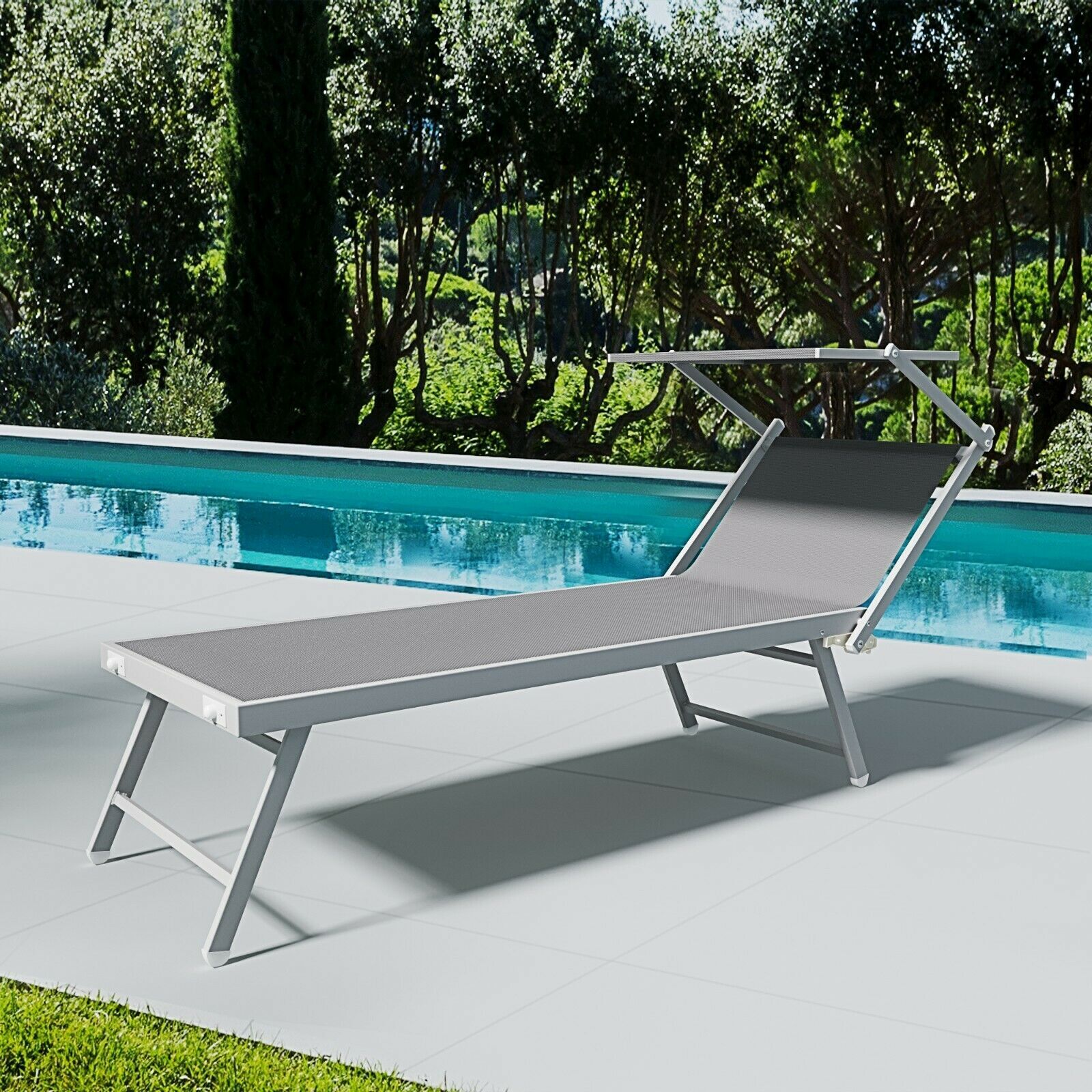 Coppia Di Lettini Prendisole Pieghevole Professionale in Alluminio e Tessuto Textilene Tettuccio Parasole Sdraio Mare Spiaggia 182x60x38 cm Grigio