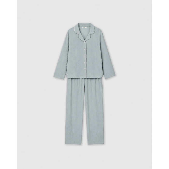 Pigiama lungo camicia in mussola celeste