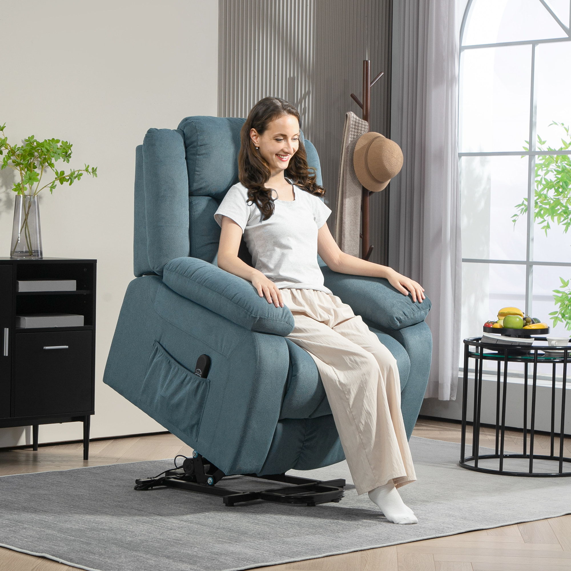 Sillón Relax Reclinable Eléctrico Sillón Levanta Personas con Mando a Distancia Puerto USB Reposapiés Acolchado Grueso y Bolsillos Laterales Sillón Elevador para Salón Dormitorio Azul