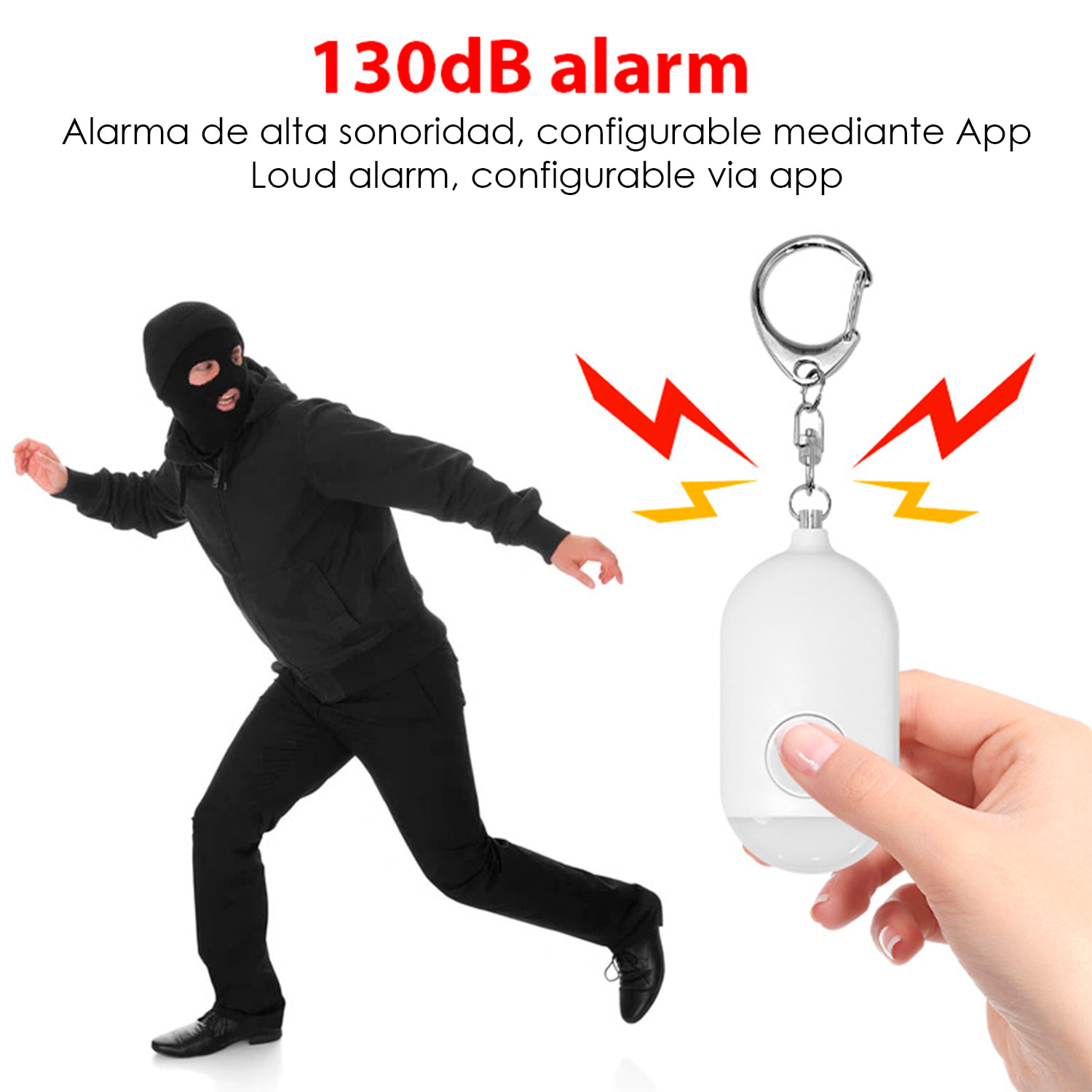 Alarma SOS personal con bluetooth, luz LED brillante de 12lm y sonido de 130dB. Doble activación rápida y notificaciones.