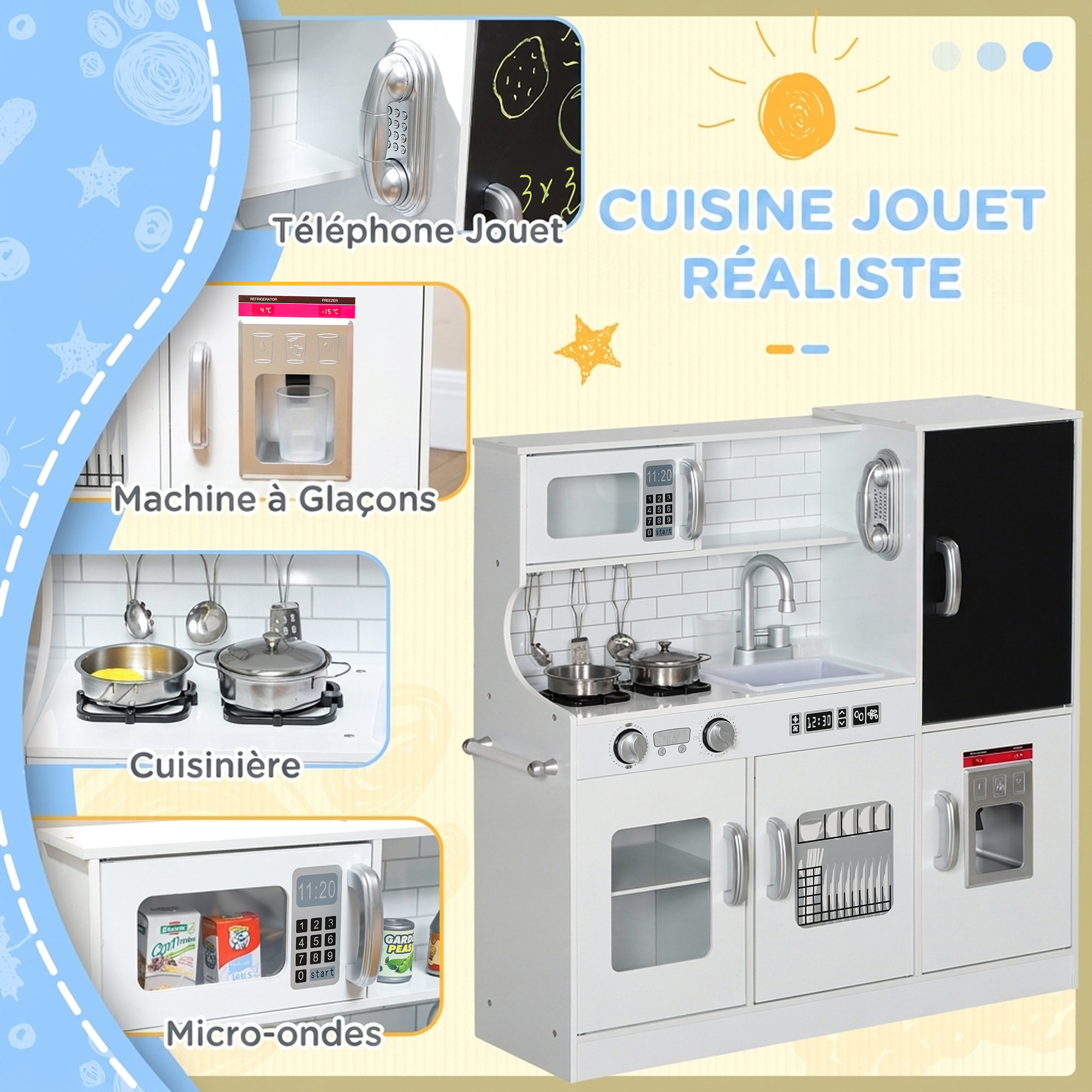 Cuisine enfant - jouet d'imitation cuisine multi-équipée - 5 accessoires acier inox - blanc