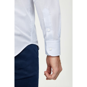 Camicia Uomo 1 Bottone Button Down Slim Cotone Quadro Piccolo Celeste/Bianco