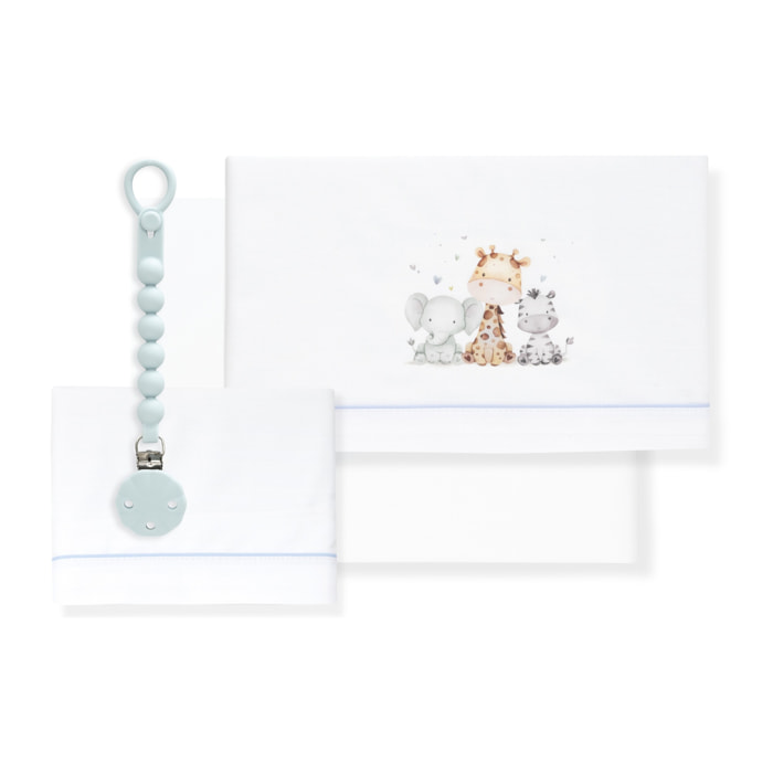 Juego de Sábanas para Cuna mod. Estampado Jirafa Elefante con Broche Muselina