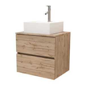 Meuble Salle de Bains 80cm 2 Tiroirs Chêne Naturel + Vasque Carrée 41x41x15cm en Céramique Blanche
