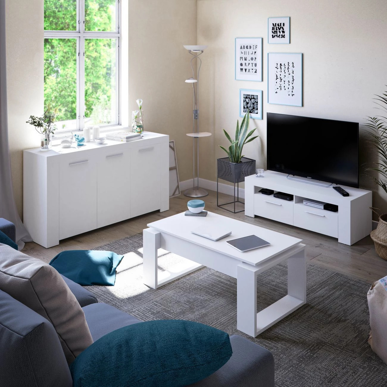 Aparador de 3 puertas con gran espacio de almacenamiento en blanco artik 144 cm Ambit Blanco Artik (Blanco Mate)