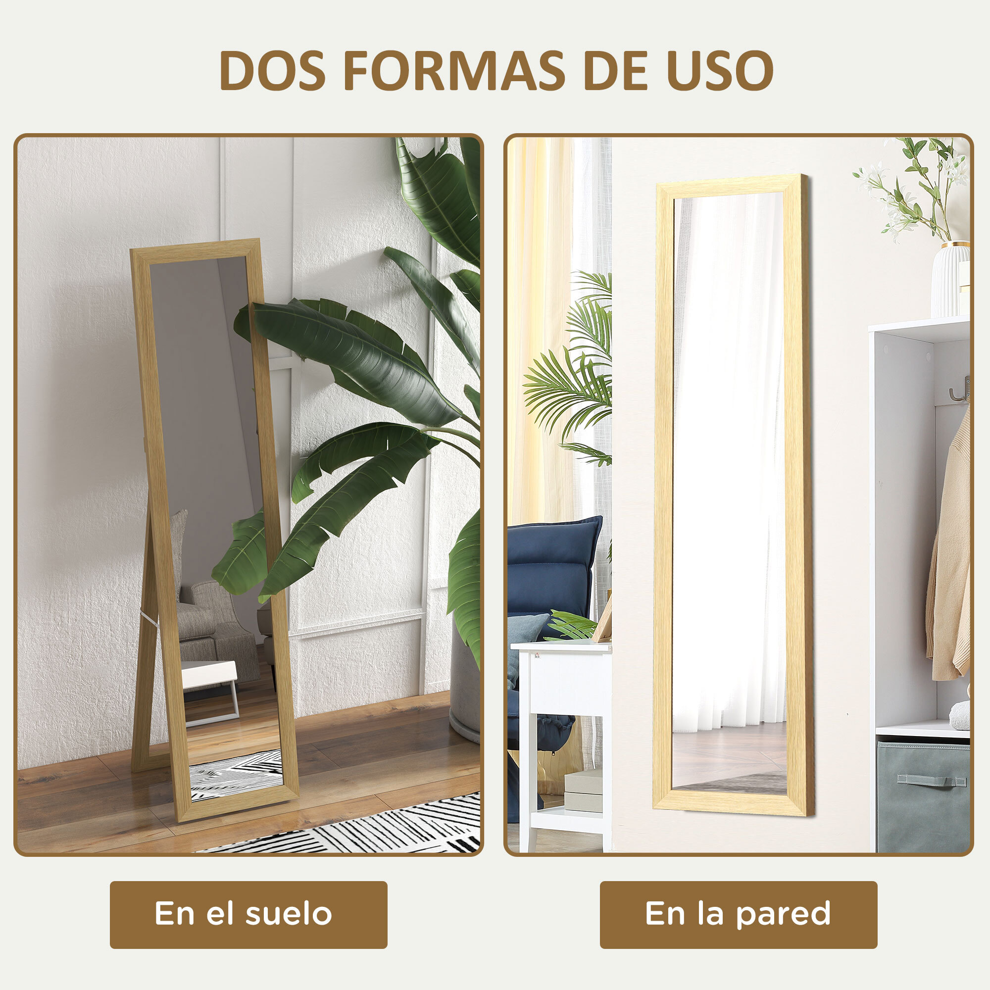 Espejo de Cuerpo Entero 37x155 cm Espejo de Pie Espejo de Pared Forma Rectangular con Marco de Madera Decorativo para Salón Dormitorio Pasillo Roble