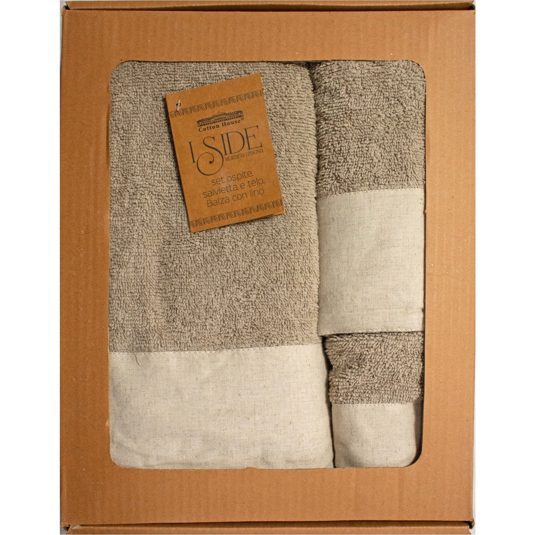 SET VISO, MANI E CORPO SPUGNA BEIGE CIOTOLI CON BALZA IN LINO