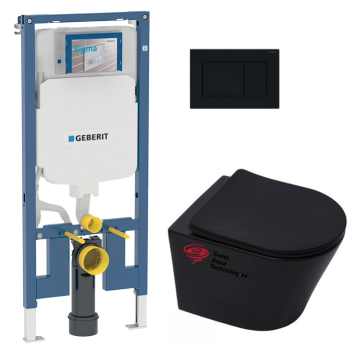 Pack WC sans bride Infinitio Noir mat + Abattant softclose slim + Bâti support Geberit Extra-plat UP720 + Plaque Noir brillante