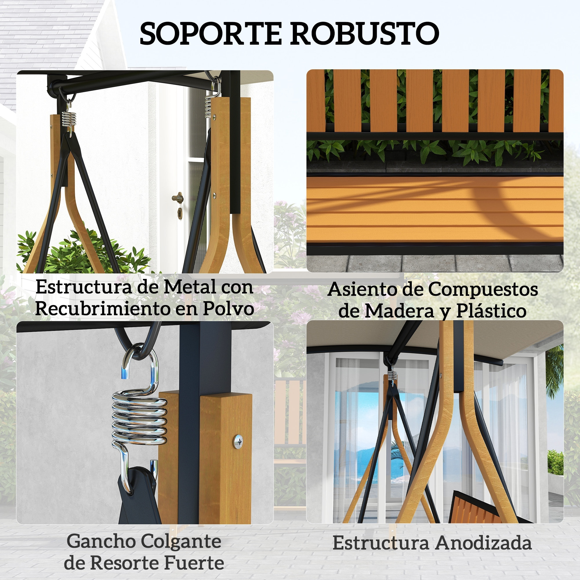 Columpio de Jardín Exterior de 2 Plazas Grano de Madera Balancín de Jardín Exterior con Toldo Ajustable y Estructura de Metal Carga 240 kg 142x112x162 cm Natural y Beige