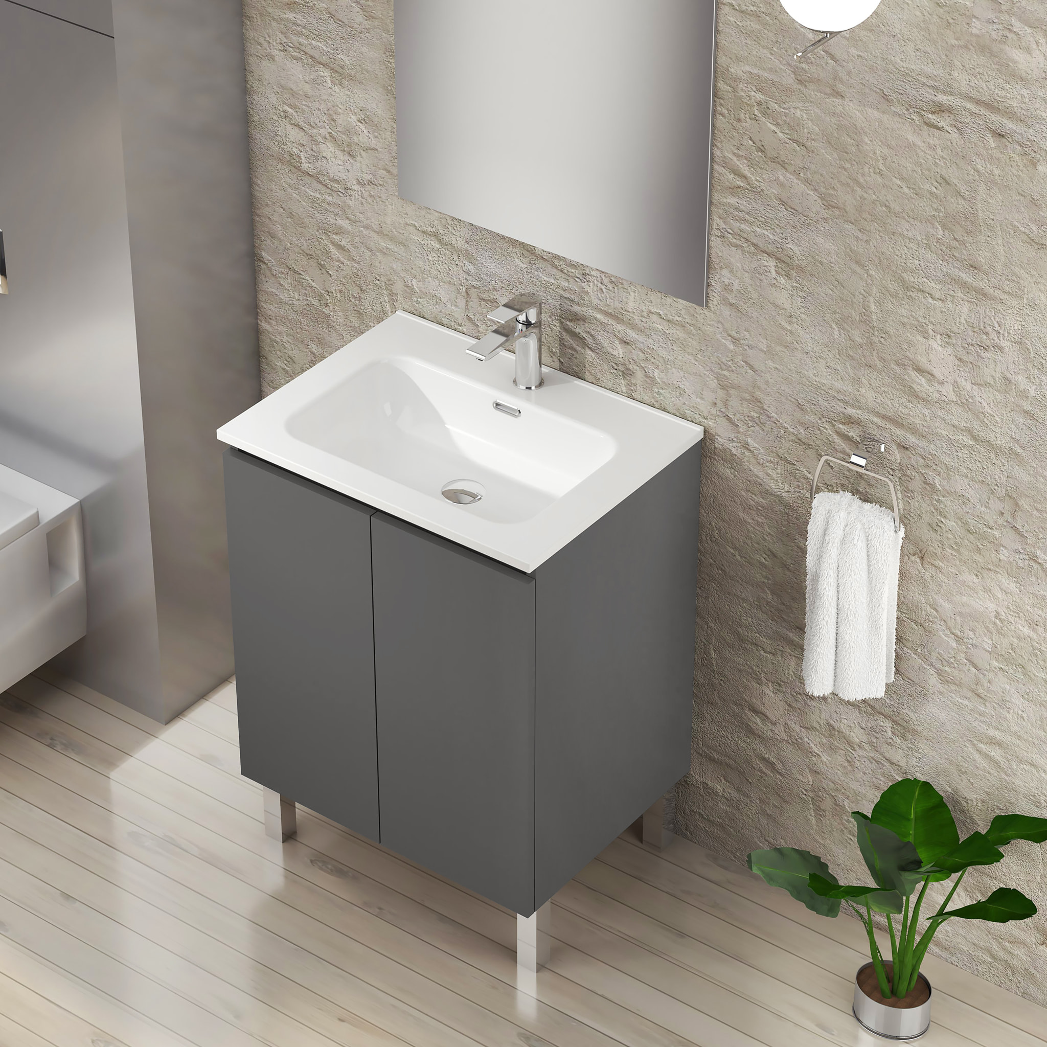 Ensemble de Salle de Bain Lust | 60 cm Gris Mat | Deux Portes | Lavabo Encastré | N'inclut pas le Miroir | Meuble Assemblé | Alday