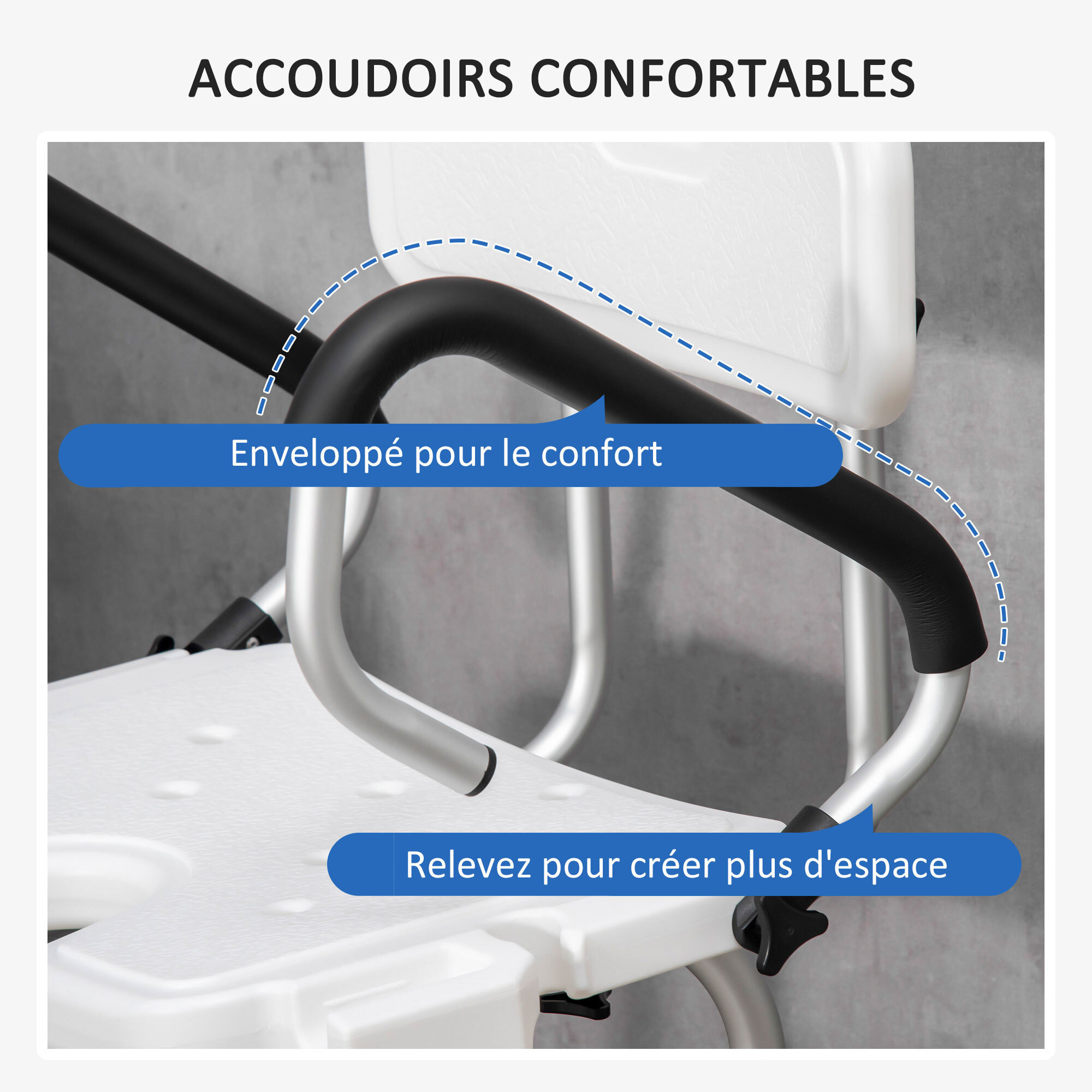 Chaise de douche siège de douche ergonomique hauteur réglable pieds antidérapants accoudoirs alu HDPE blanc noir