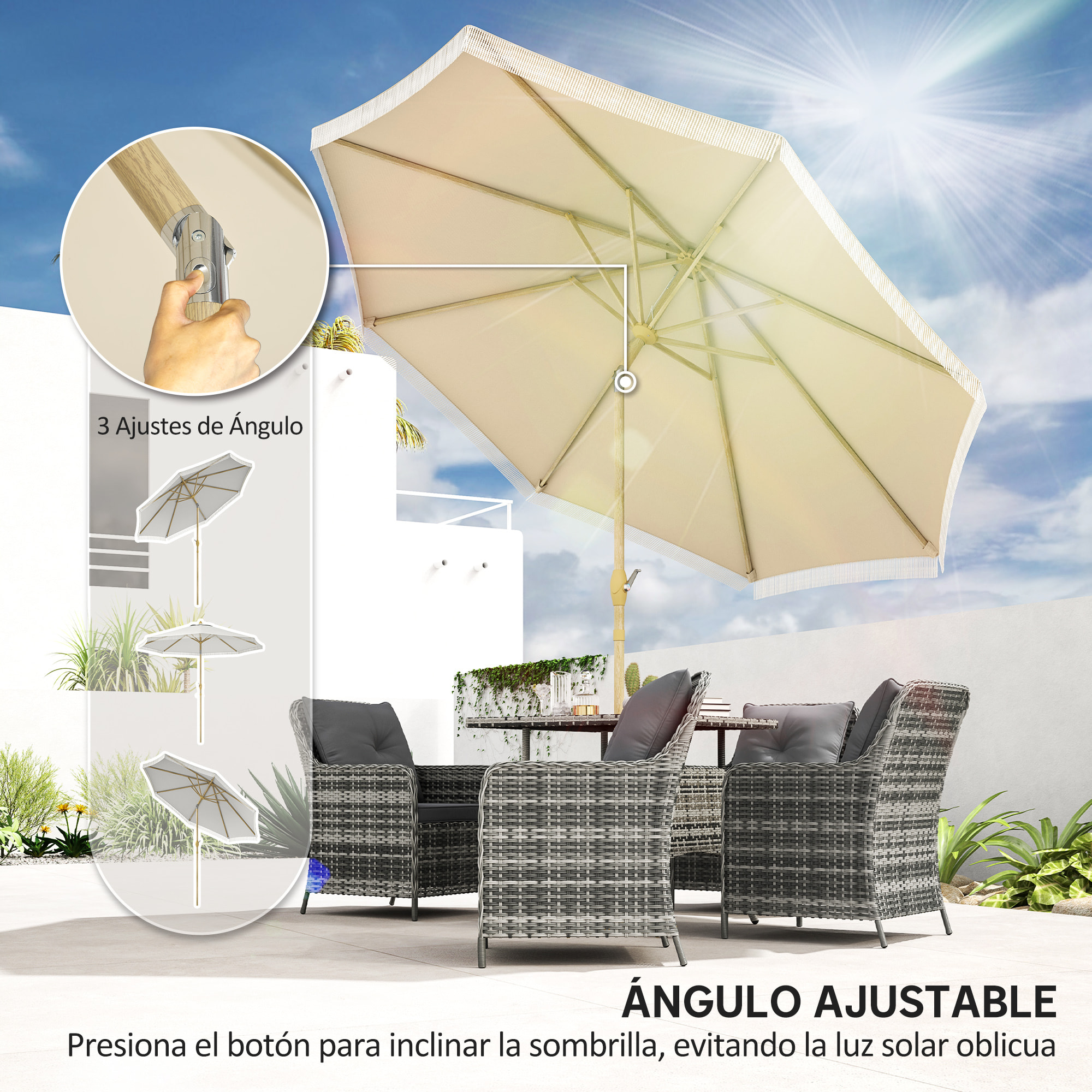 Sombrilla Terraza Exterior, Ø265x244 cm, Sombrilla de Jardín con Ángulo Ajustable, Manivela, Flecos de Estilo Boho, Impermeable, Parasol para Patio, Terraza, Crema