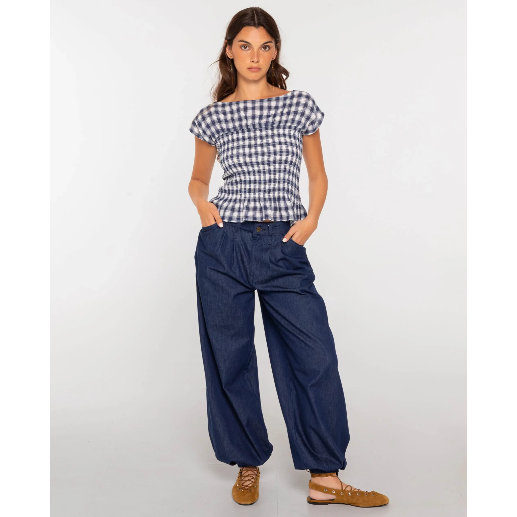 Blusa de mujer con nido de abeja y cuadros