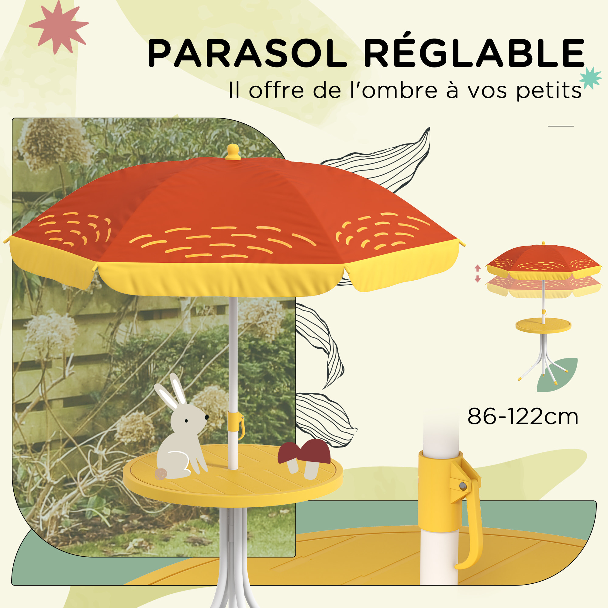 Ensemble salon de jardin enfant 4 pcs design lion - chaises pliables - métal polyester jaune rouge