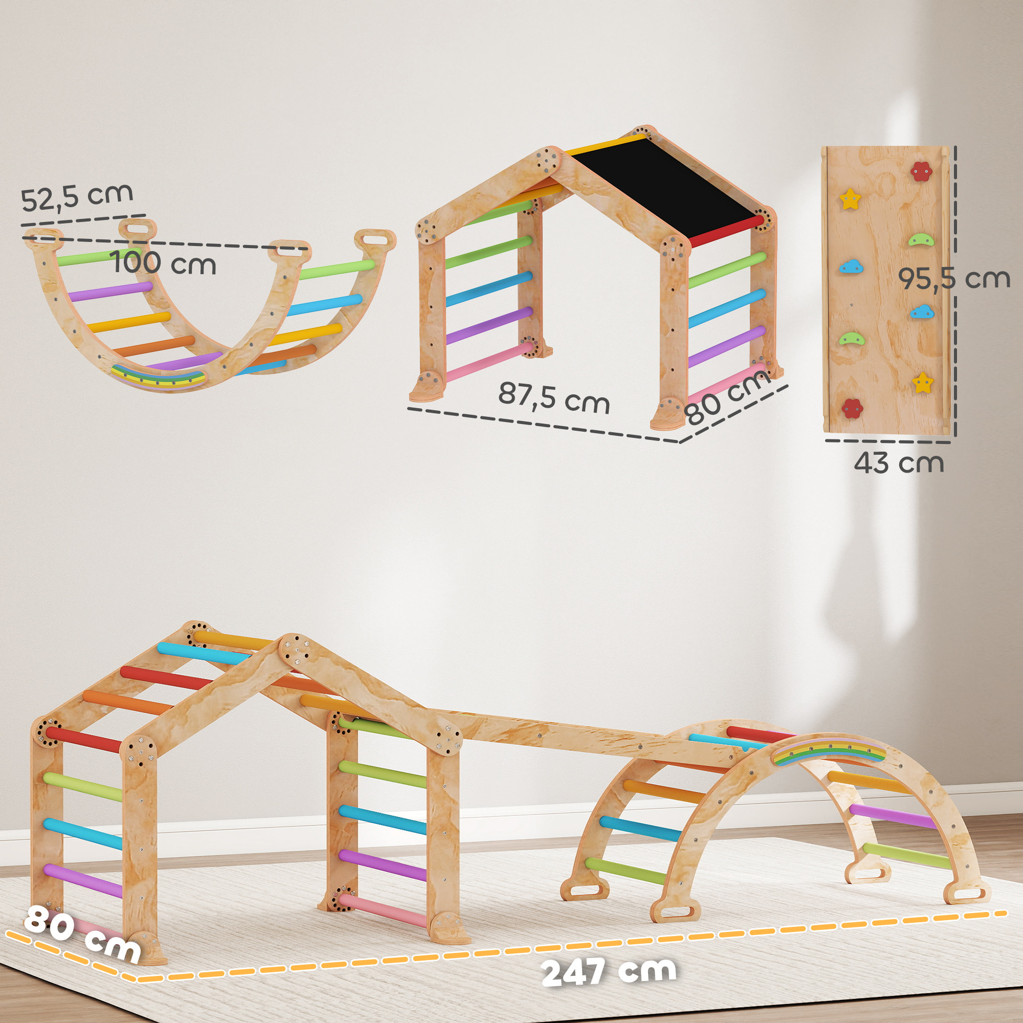 Triangle d'escalade enfant pliable 9 en 1 - aire de jeu enfant - bois naturel multicolore