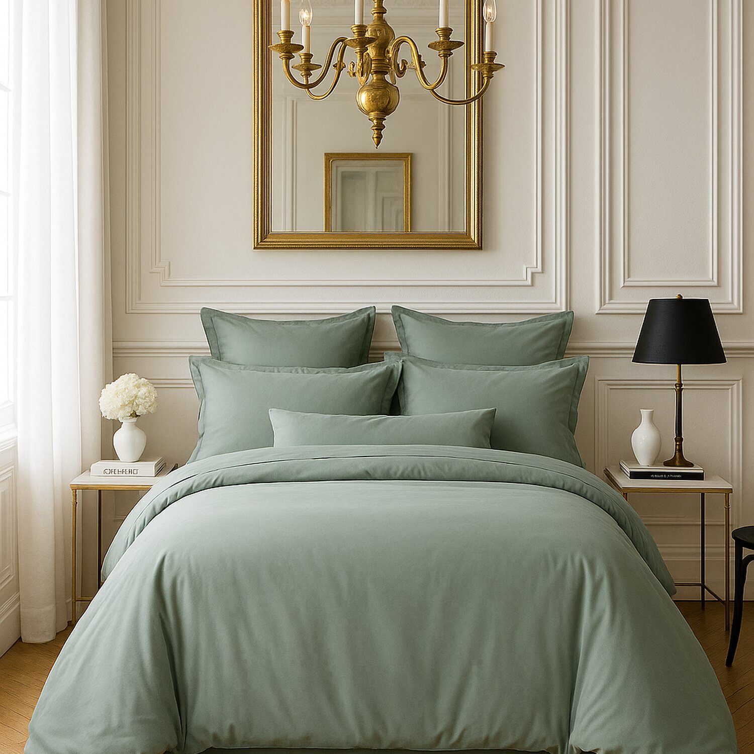 Housse de couette unie 100% satin de coton 105 fils - Céladon