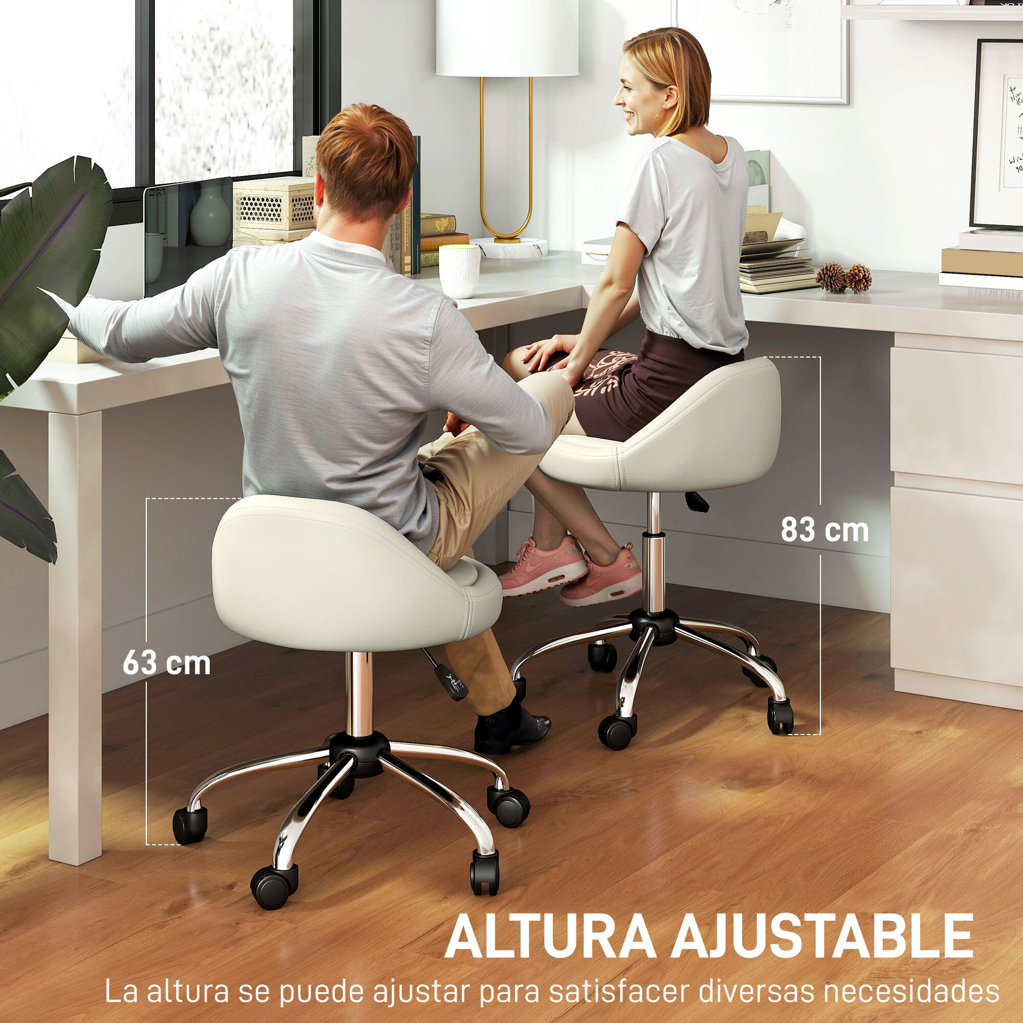 Taburete con Ruedas, Taburete Giratorio Cosmético con Altura Ajustable, Cuero Sintético, Asiento Acolchado y Amplio, para Dentista y Peluquería, Carga 120 kg, Ø50x63-83 cm, Blanco