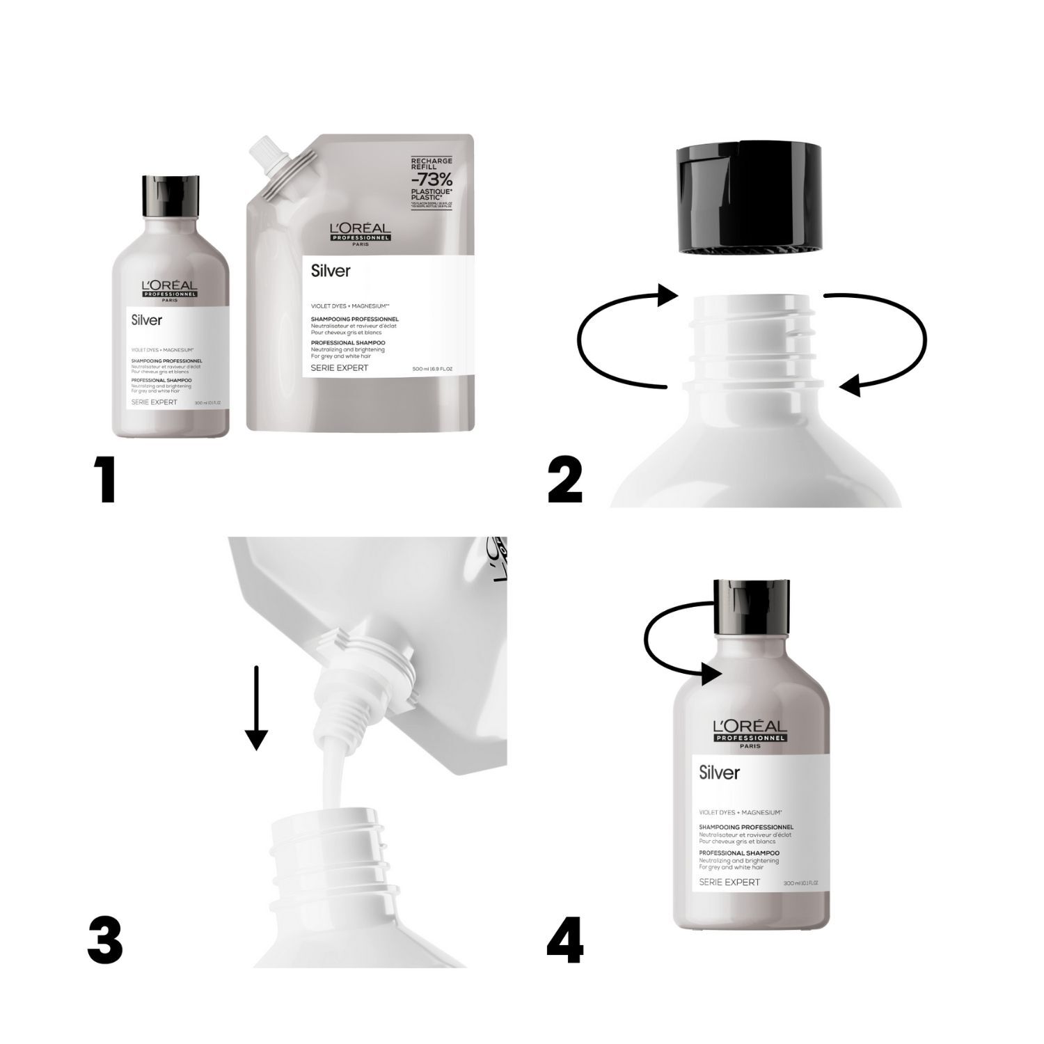 Série Expert Silver - Recharge Shampoing dejaunissant pour cheveux gris et blancs