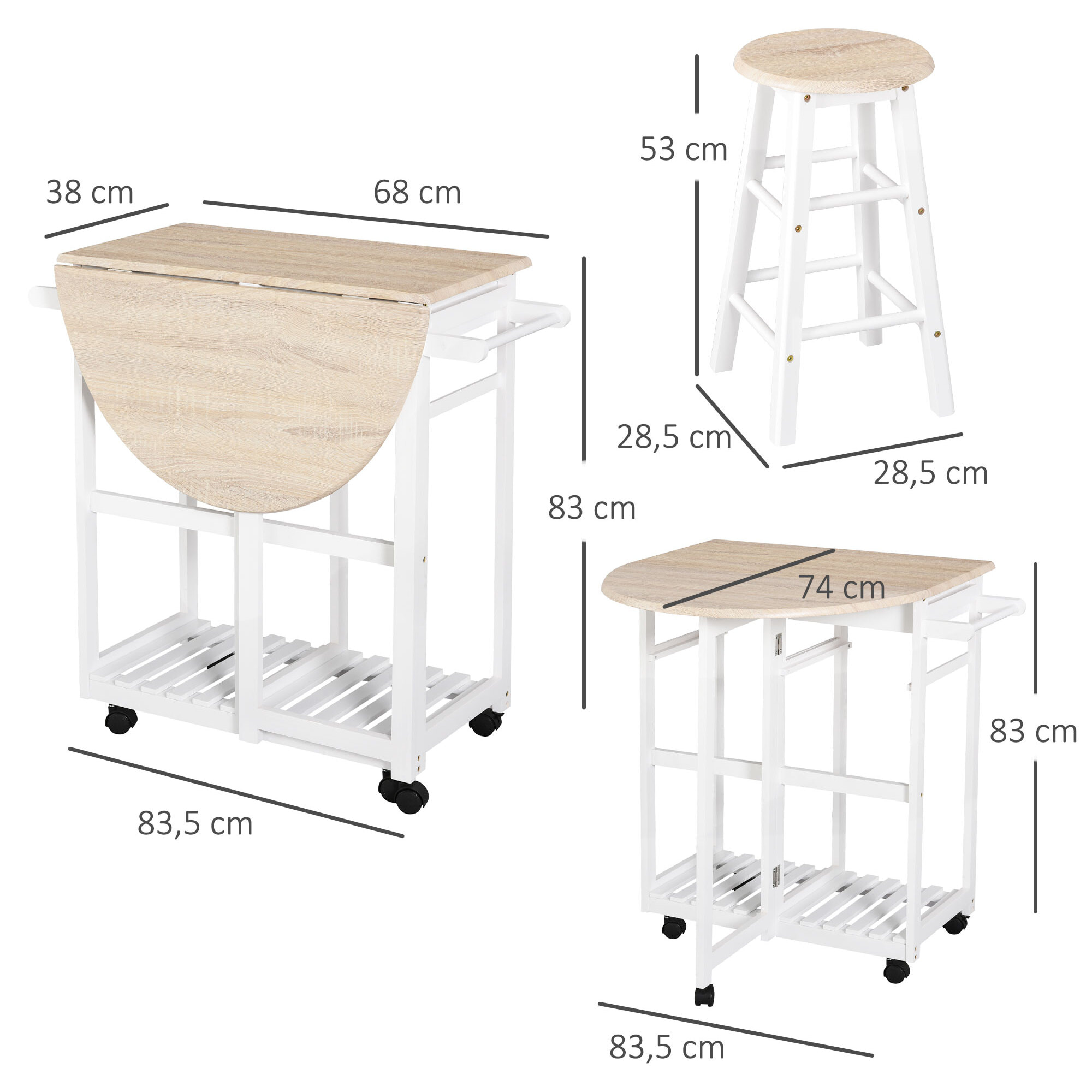 Ensemble table de bar pliable sur roulettes avec étagère et 2 tiroirs + 2 tabourets bois pin MDF blanc chêne clair