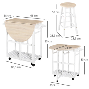 Ensemble table de bar pliable sur roulettes avec étagère et 2 tiroirs + 2 tabourets bois pin MDF blanc chêne clair