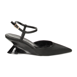 Décolleté slingback nere in raso, zeppa 6,1 cm