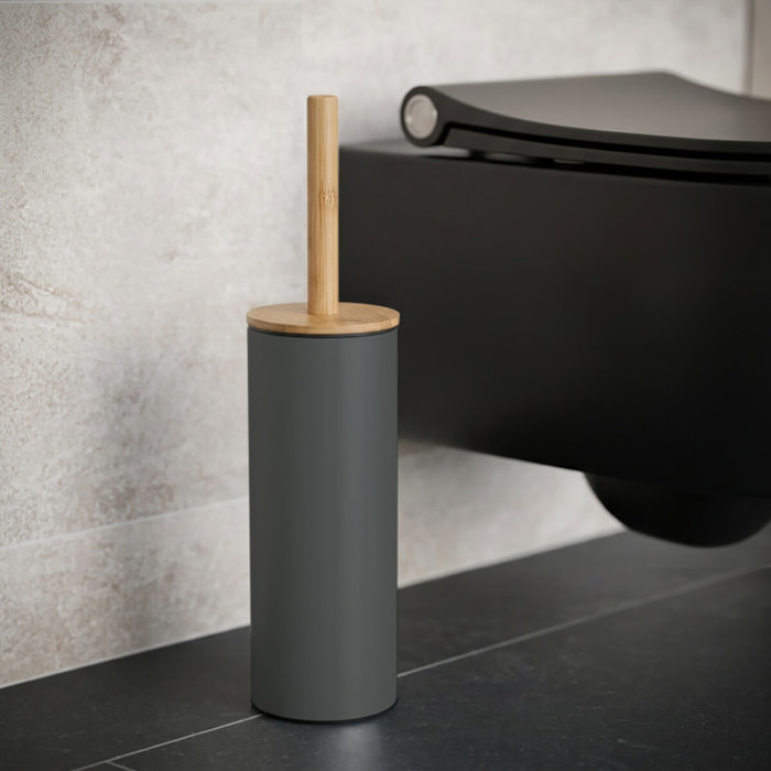 Brosse wc avec support Acier & Bambou ADONIS Gris Foncé mat - Poils résistants en silicone Spirella