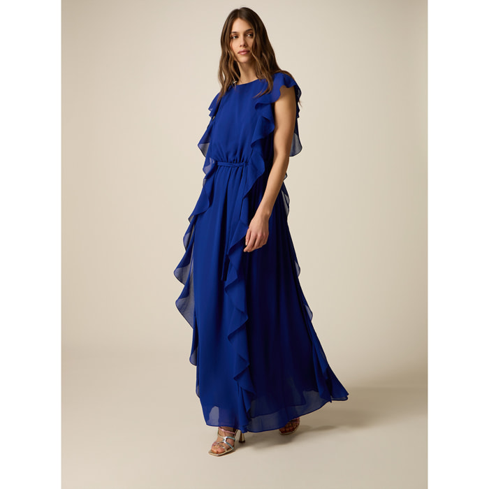 Oltre - Vestito lungo in georgette con volant - Bluette