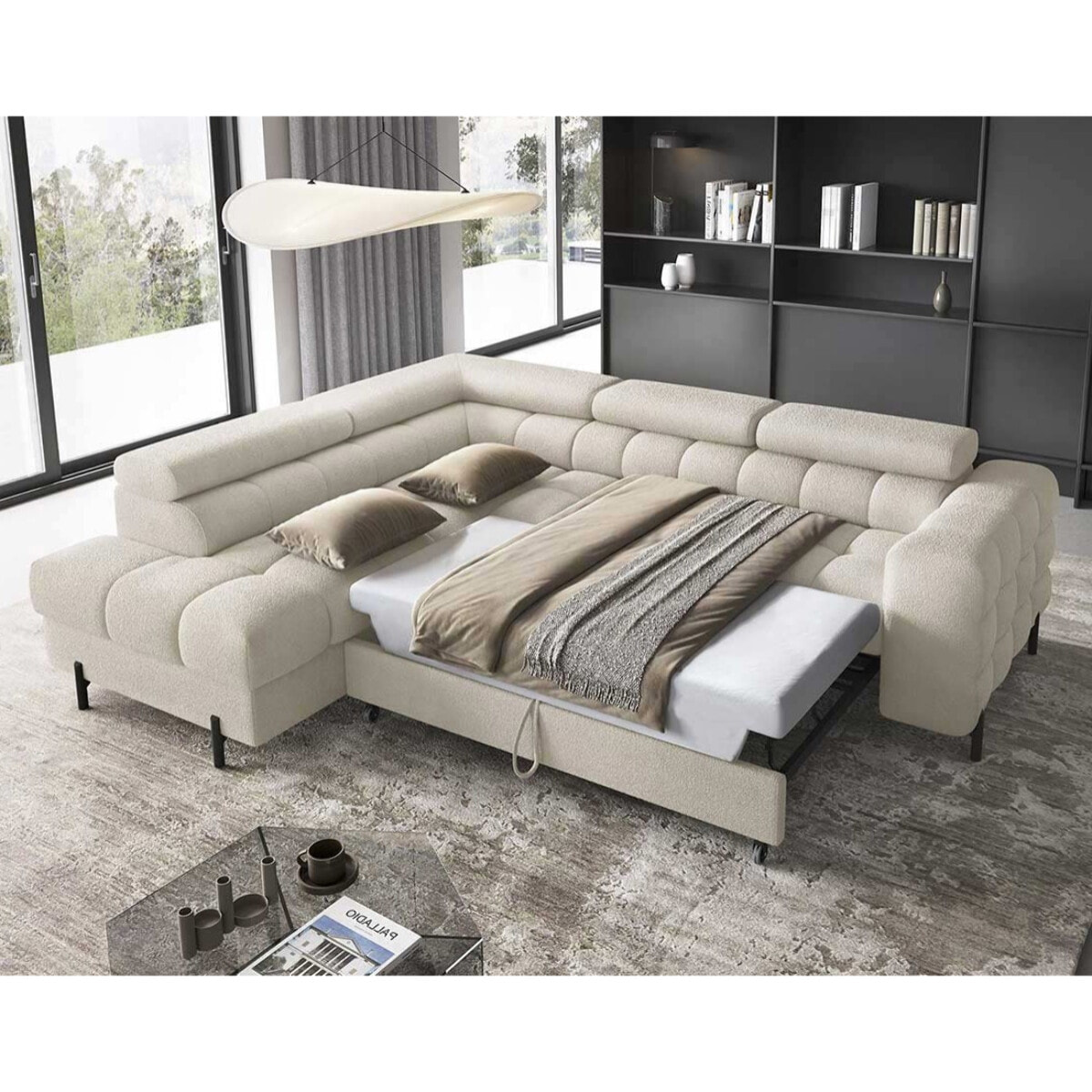Elisa - canapé d'angle gauche 5 places convertible avec coffre et têtières réglables en tissu bouclette - Beige