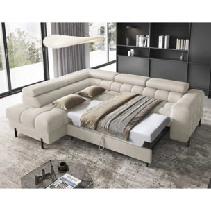 Elisa - canapé d'angle gauche 5 places convertible avec coffre et têtières réglables en tissu bouclette - Beige