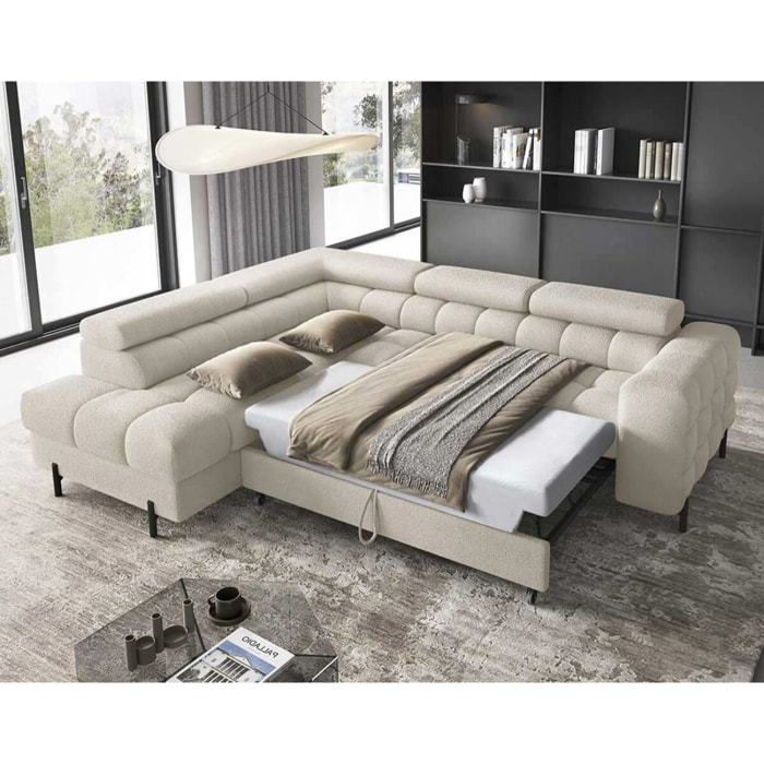 Elisa - canapé d'angle gauche 5 places convertible avec coffre et têtières réglables en tissu bouclette - Beige