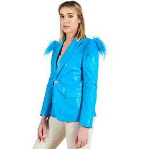 Giacca blazer in pelle naturale azzurra con piume