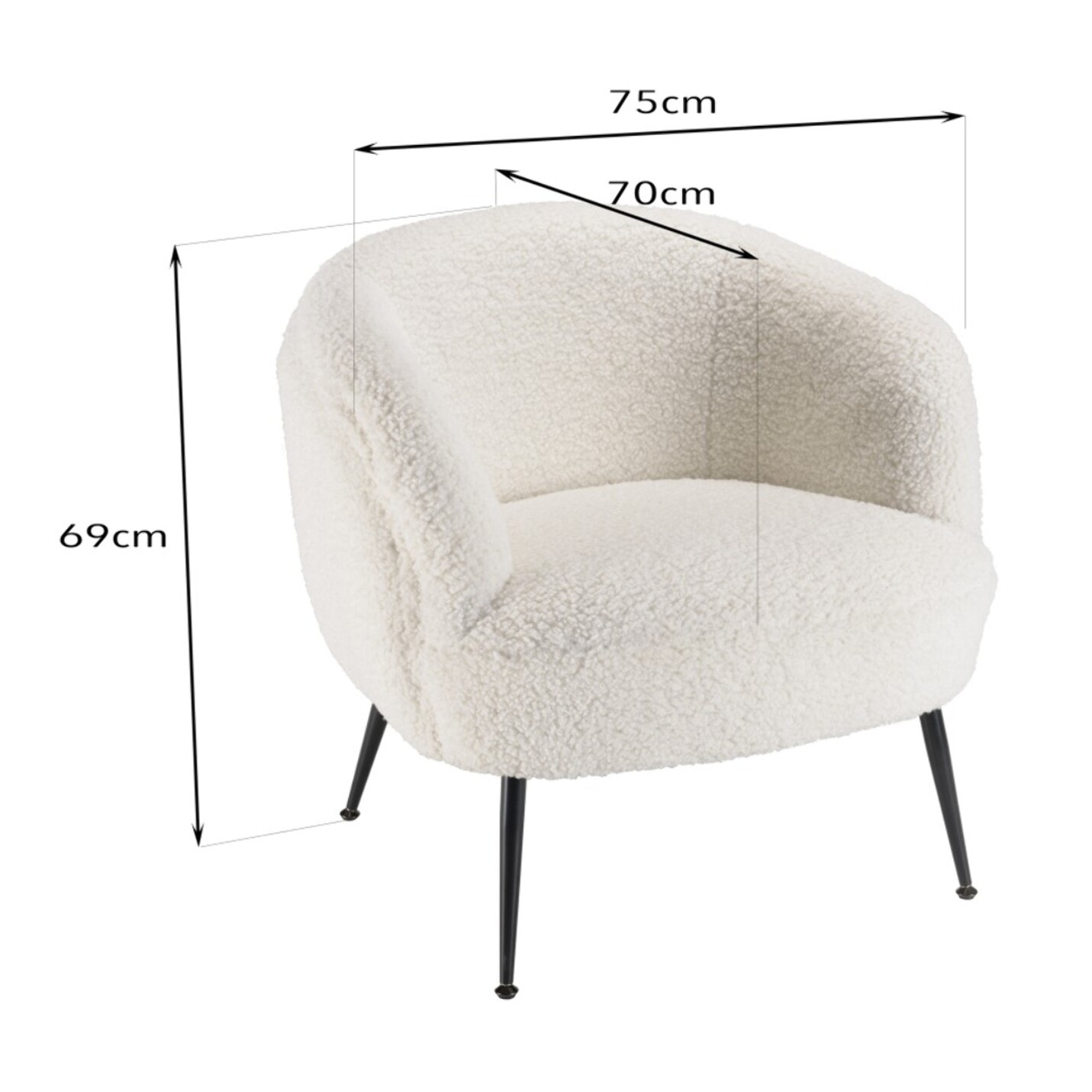 AGATHE - Fauteuil cosy tissu bouclette blanc pieds métal noir