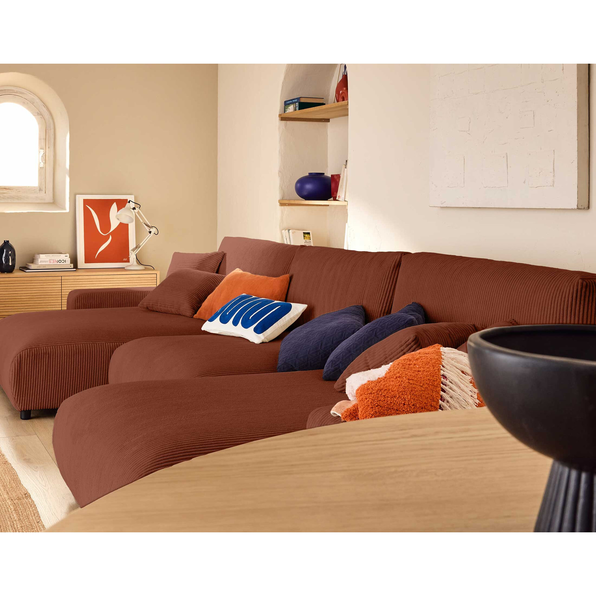 Pivoine - canapé panoramique en U - 7 places - convertible avec coffre - en velours côtelé - Terracotta
