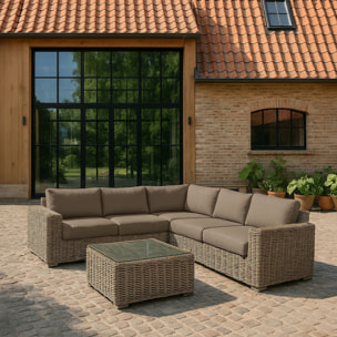 Salon de jardin 7 places en résine tressée effet rotin et coussin gris ANTIGUA