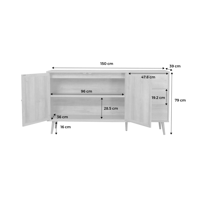 Buffet de rangement naturel en cannage 2 portes 3 tiroirs. buffet bas. L150 x l39 x H79cm - Bohème