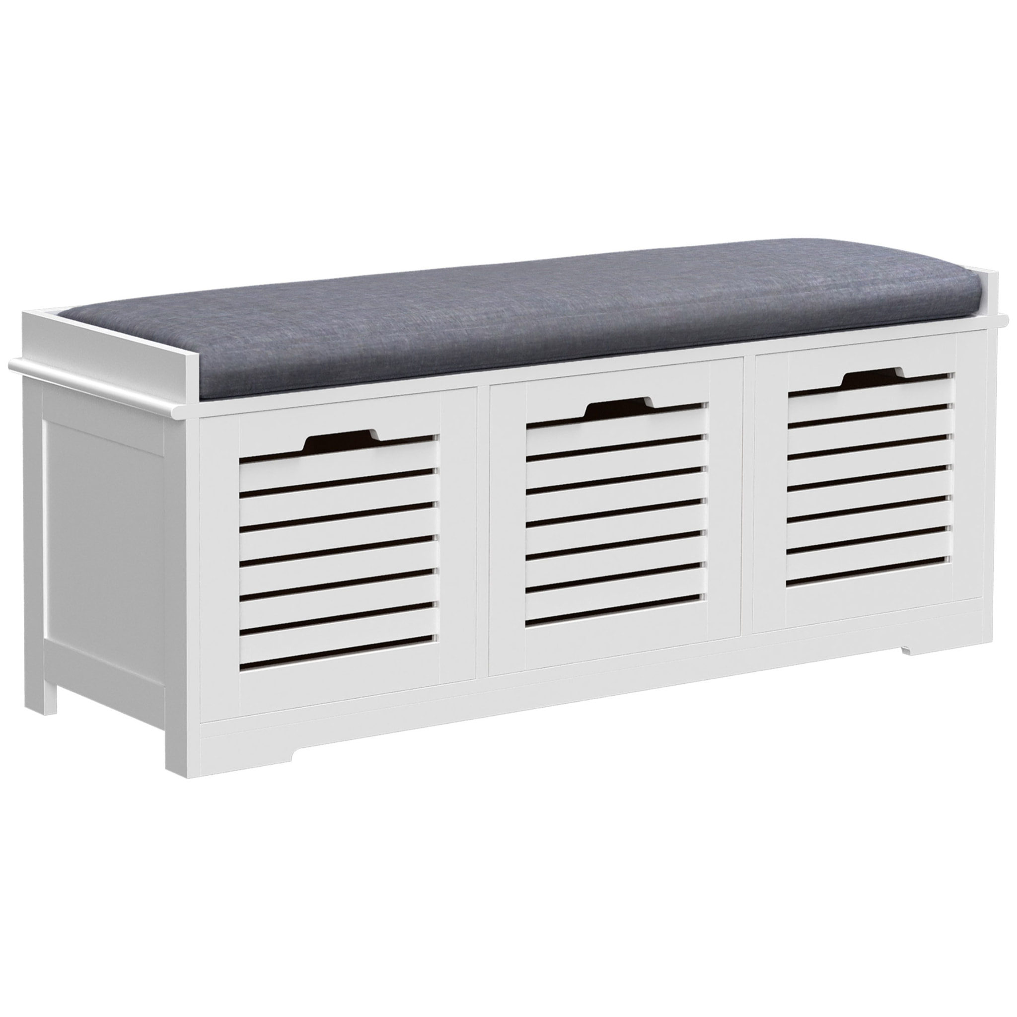 Banc à chaussures 3 tiroirs avec coussin - 108 x 35 x 43 cm - polyester gris MDF blanc