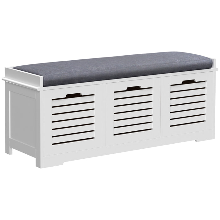 Banc à chaussures 3 tiroirs avec coussin - 108 x 35 x 43 cm - polyester gris MDF blanc