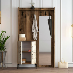 Mobile da ingresso Isidore, Entratina appendiabiti, Composizione per atrio, Consolle portaoggetti multifunzione, 120x35h200 cm, Noce e Bianco