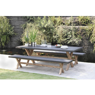 HECTOR - SALON DE JARDIN EN FIBRE DE BETON ET ACACIA 8 pers - Ensemble jardin - 1 Table rectangulaire 200*100 cm et 2 bancs