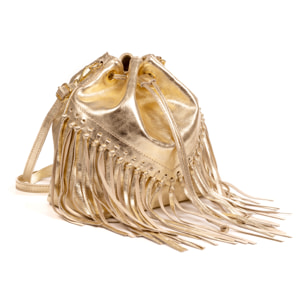 Arzana borsa a tracolla in pelle autentica camoscio laminato. Design esclusivo arricciato e pon pon.