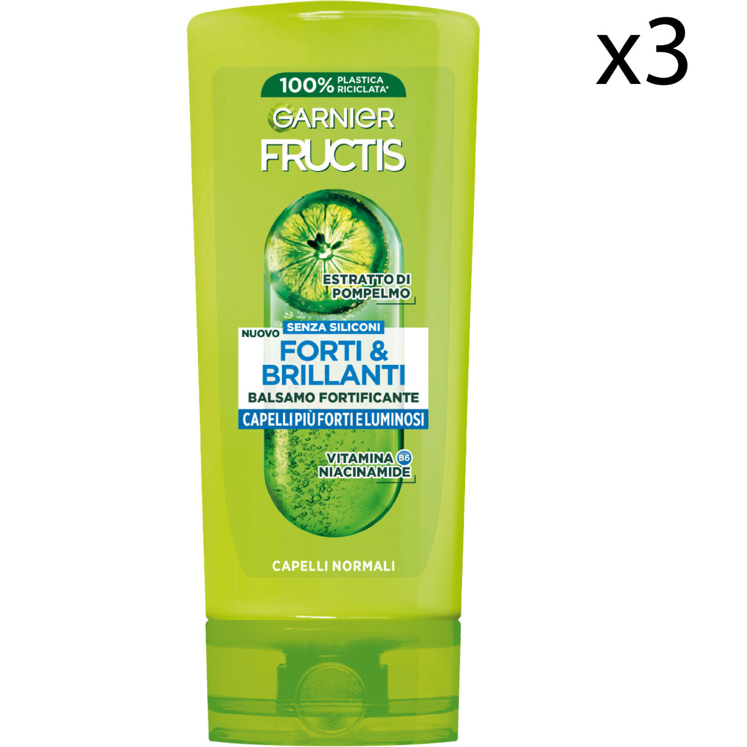 3x Balsamo Fortificante per Capelli Normali Fructis Forti e Brillanti con Estratto di Pompelmo e Vitamina B6 - 3 Flaconi da 200ml