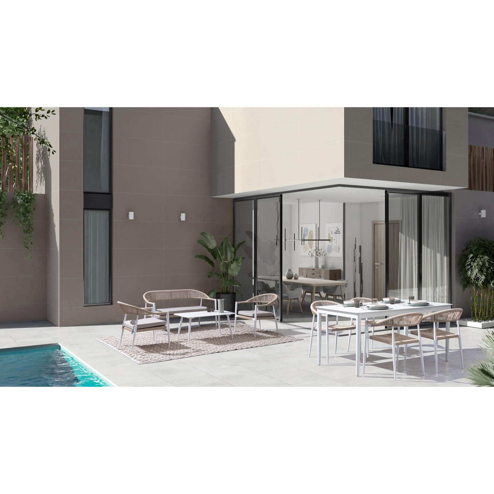 Set salotto JANDIA con 1 divano, 2 poltrone e 1 tavolino in alluminio bianco e fibra intrecciata naturale