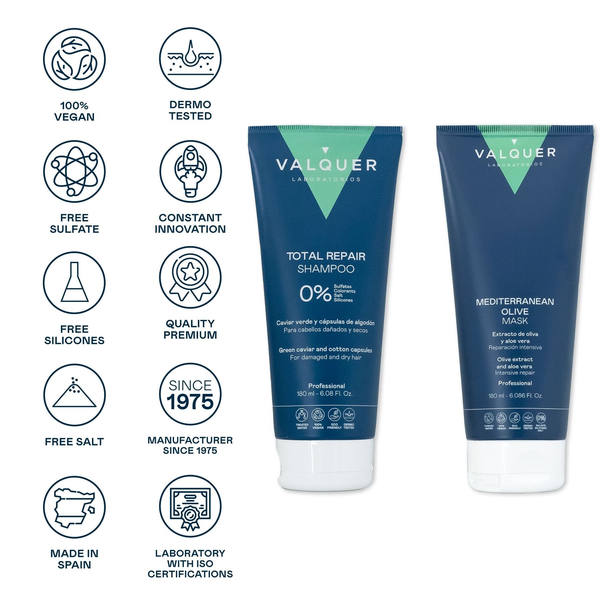 Valquer Pack Champú y Mascarilla Capilar de Oliva Reparación Total - 180 ml + 180 ml