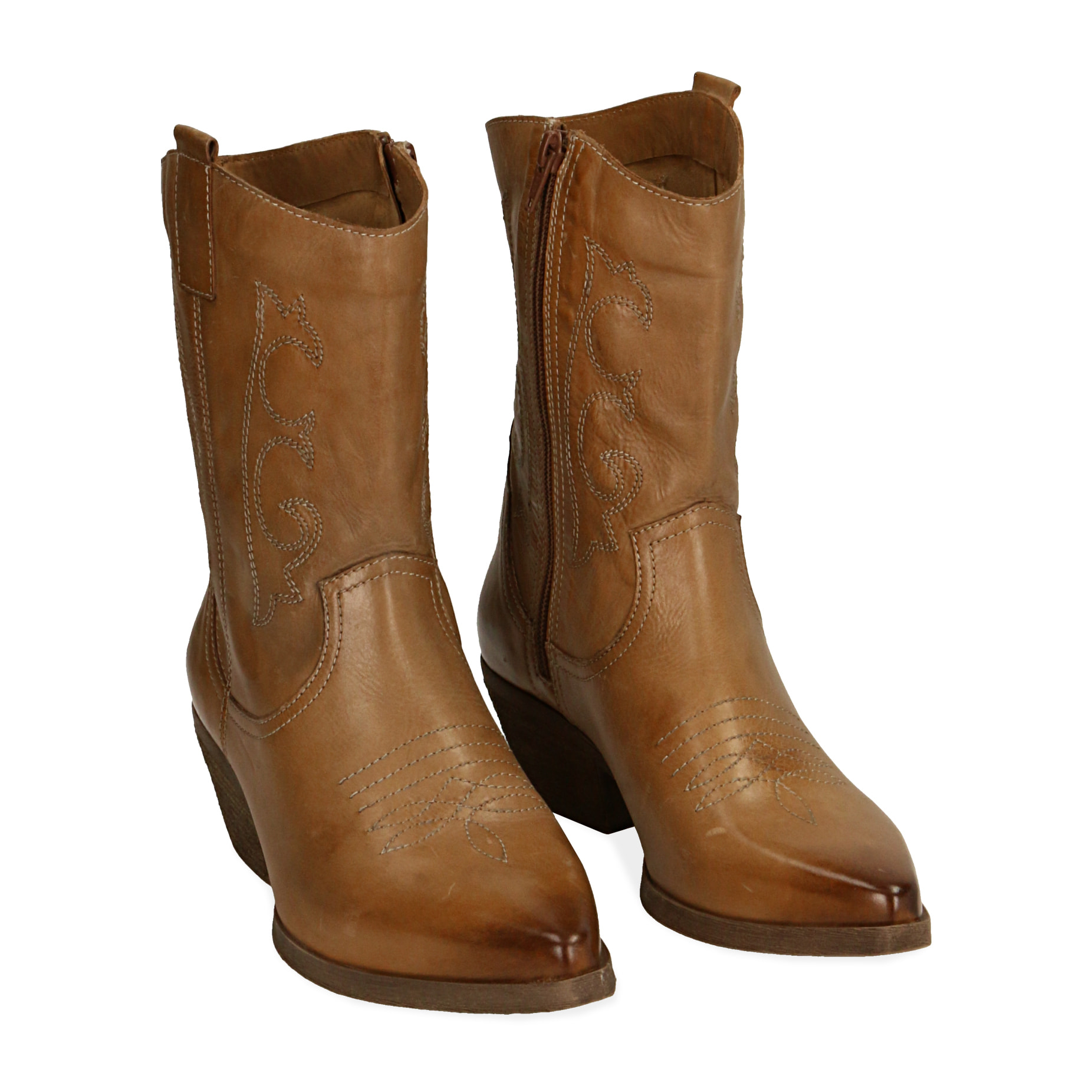 Camperos cognac in pelle, tacco 4,5 cm