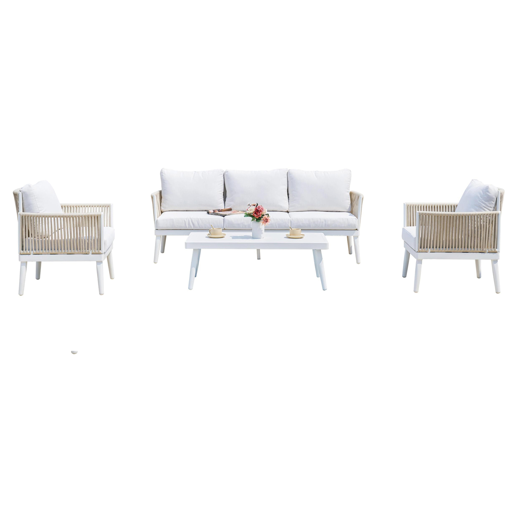 Set MIRAMAR 4 piezas alum blanco-tela cojines blanca-cuerdas beige