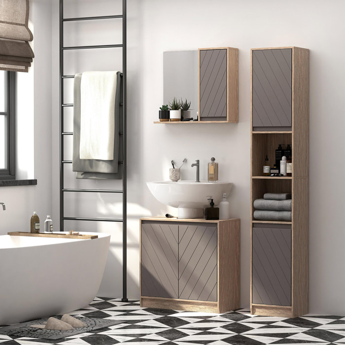 Miroir de salle de bain avec étagère et placard - système fixation intégré - panneaux particules chêne clair gris