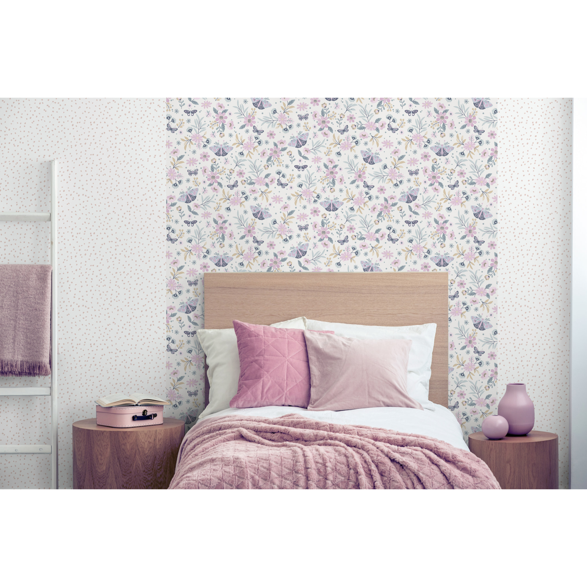 Papier peint floral papillons fond crème lilas