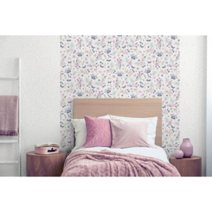 Papier peint floral papillons fond crème lilas
