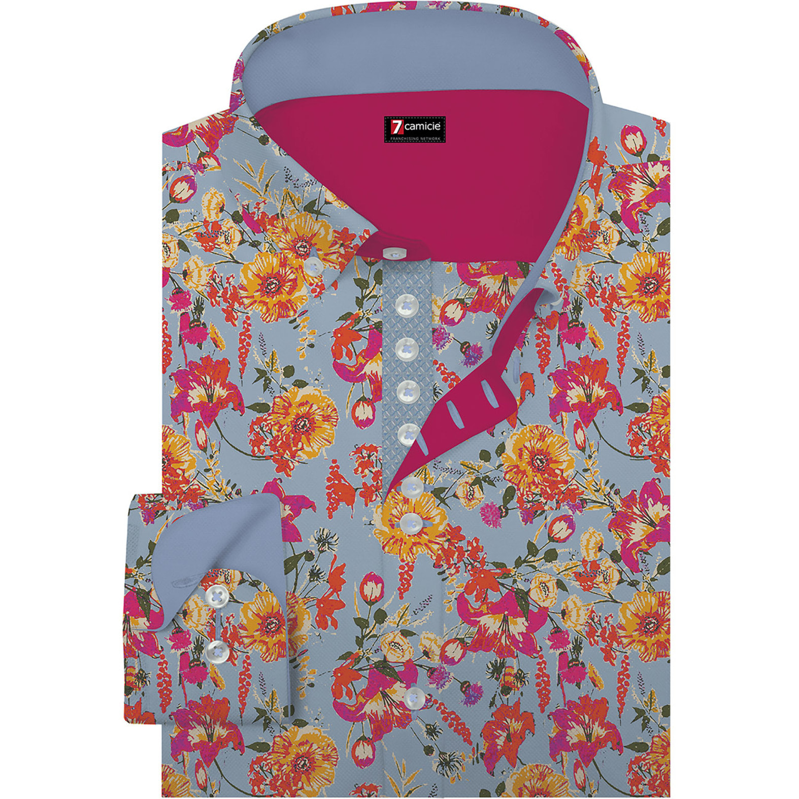 Camicia Uomo 1 Bottoni Button Down Slim Popeline Stampato Celeste Rosso Corallo